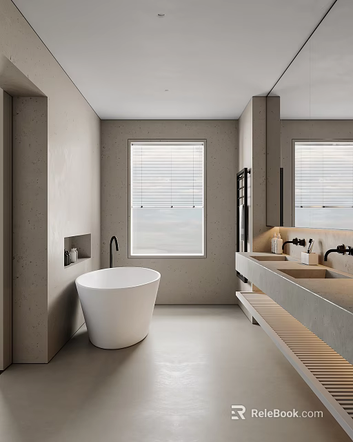Modern Minimalist Bathroom Interior With Freestanding White Bathtub Double Vanity Window Blinds And Concrete Walls 3d model 