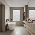 Modern Minimalist Bathroom Interior With Freestanding White Bathtub Double Vanity Window Blinds And Concrete Walls