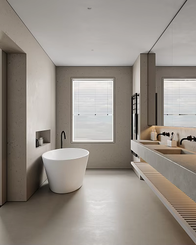 Modern Minimalist Bathroom Interior With Freestanding White Bathtub Double Vanity Window Blinds And Concrete Walls 3d model