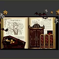 Gothic Open Book Scene With Illustration Coffin Wardrobe Bats Table And Stars