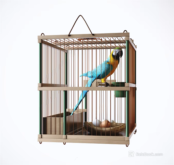 Blue And Yellow Parrot Perched In Hanging Bird Cage With Metal Bars 3d model 