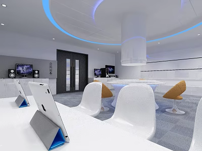 Modern Exhibition Space Interior With White Tables Orange Chairs Tablet Stands And TVs 3d model