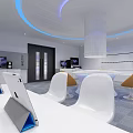Modern Exhibition Space Interior With White Tables Orange Chairs Tablet Stands And TVs