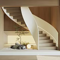 Wooden Spiral Staircase in Modern Interior with Warm Lighting Small Plants and Stones
