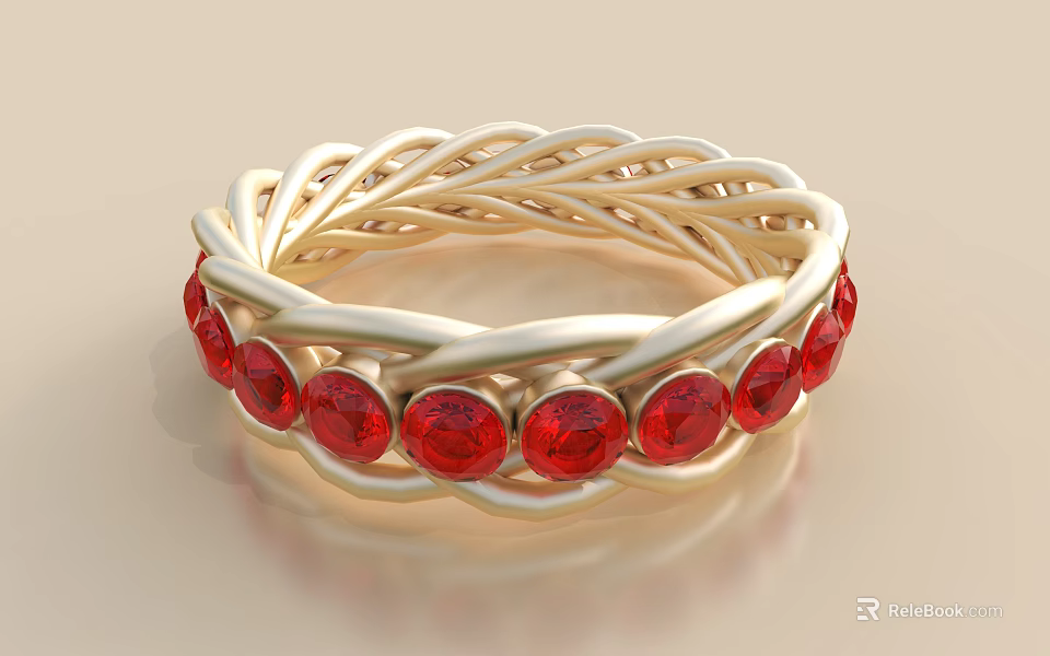 Exquisite Gold Braided Ring With Red Gemstones For Luxury Jewelry Collection 3d model 
