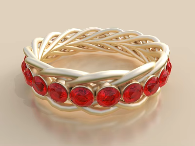Exquisite Gold Braided Ring With Red Gemstones For Luxury Jewelry Collection 3d model