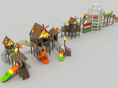 Colorful Outdoor Children's Playground Equipment With Slides Playhouses And Net Structures 3d model