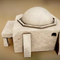 Whimsical Cartoon Stone Building Scene With Dome Square Structure Bench Door And Windows