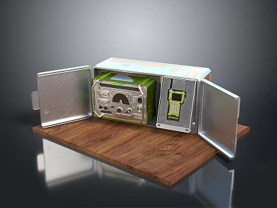 Open Metal Control Box With Internal Electronic Components Display Screen And Wooden Base 3d model