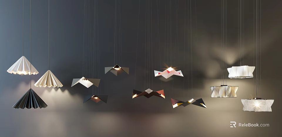 Unique Shaped Pendant Lights with Geometric Designs Hanging in Modern Interior Space 3d model