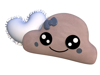 Cute Cloud Shaped Brown Pillow With Smiling Big Eyes Bow And Heart Shaped White Fringe Pillow 3d model
