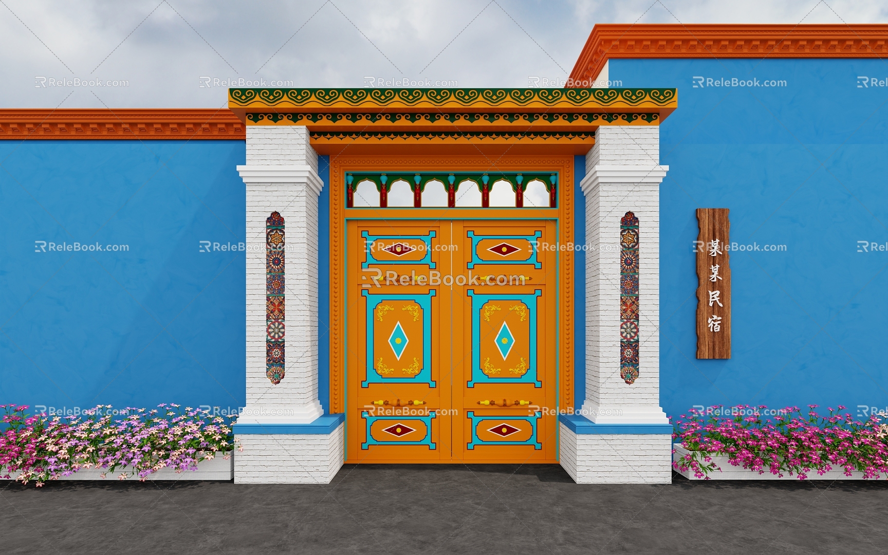 Ethnic style Xinjiang Yili blue gate entrance door 3d model