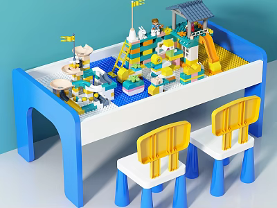 Kids Table with Colorful Building Blocks and Yellow White Chairs for Children Play Area 3d model
