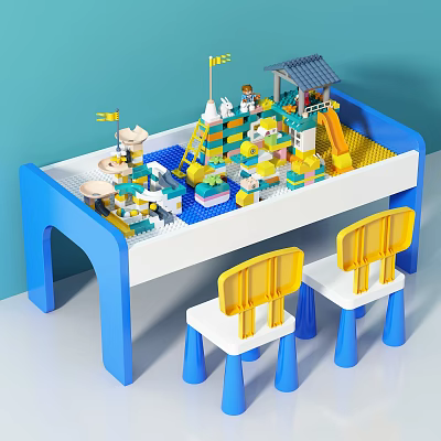Kids Table with Colorful Building Blocks and Yellow White Chairs for Children Play Area 3d model