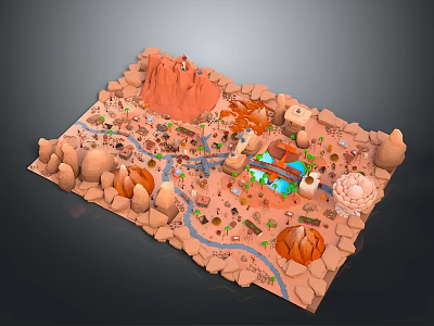Scenic Desert Landscape With Rocky Mountains River Small Buildings And Green Vegetation 3d model