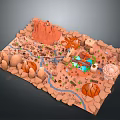 Scenic Desert Landscape With Rocky Mountains River Small Buildings And Green Vegetation
