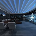 High Tech Conference Room With Large Display Round Wooden Table White Chairs And Blue Lighting