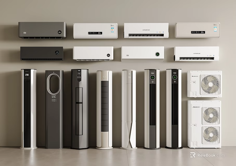 Various Air Conditioners And Fans With Wall Mounted Standing Designs And Styles 3d model 