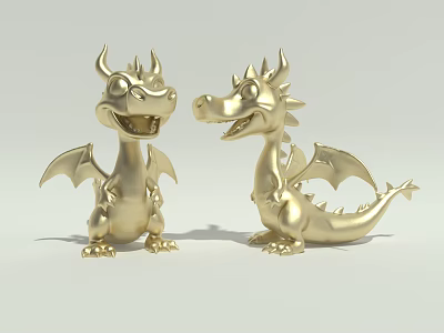 Two Golden Dragon Sculptures With Wings Horns And Cute Smiling Faces 3d model