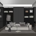 Elegant Modern Walk-in Closet With Glass Wardrobes Sofa Side Table Dressing Table And Bright Lighting