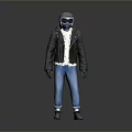Fashionable Outfit Including Black Leather Jacket White Shirt Blue Jeans Gray Helmet Goggles Gloves Boots