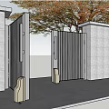 Modern Luxury Black Metal Gate With Stone Pillars And Autumn Trees