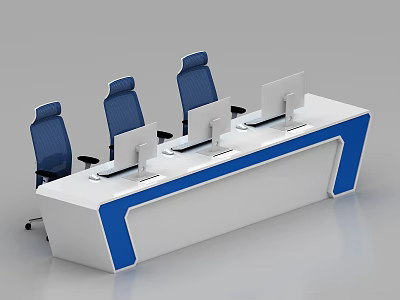 Modern Console Desk With Three Blue Chairs Monitors And White Blue Design 3d model