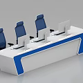 Modern Console Desk With Three Blue Chairs Monitors And White Blue Design