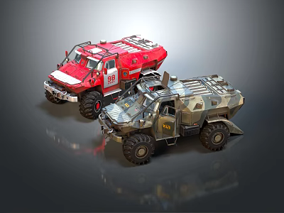 Red And Camouflage Off Road Vehicles Featuring Rugged Design And Large Tires 3d model