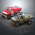 Red And Camouflage Off Road Vehicles Featuring Rugged Design And Large Tires
