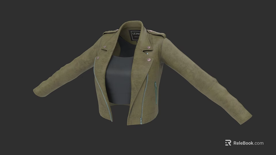 Olive Green Short Collared Jacket With Zipper Closure And Black Inner Layer 3d model