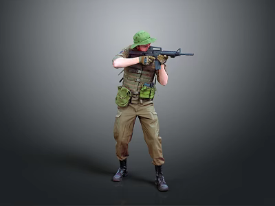 Military Themed Game Movie Character With Green Helmet Tactical Vest And Rifle 3d model