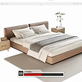 Double Bed with Brown Headboard White Sheets Gray Blanket Light Rug and Nightstands Green Plant