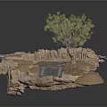 3D Terrain Scene With Rocks Debris Tree And Metal Grid Structure