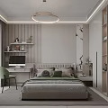 Modern Minimalist Bedroom Interior With Bed Nightstands Pendant Light Wardrobe And Carpet
