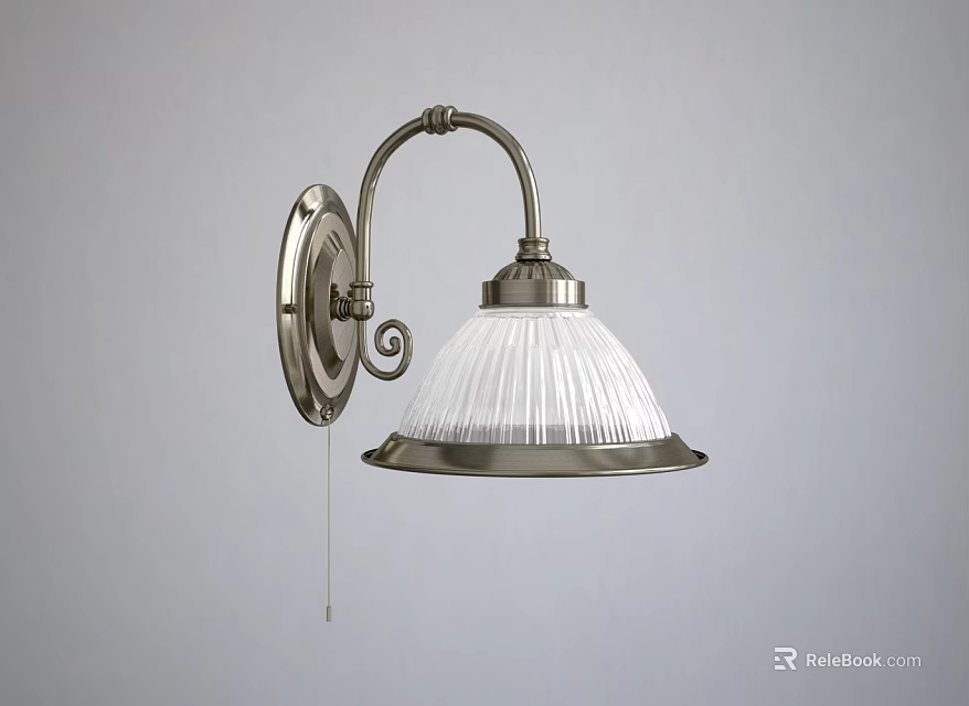 Classic Curved Arm Wall Light With White Ribbed Glass Shade And Pull Chain Switch 3d model 