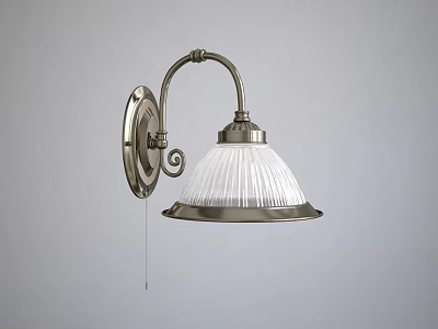 Classic Curved Arm Wall Light With White Ribbed Glass Shade And Pull Chain Switch 3d model