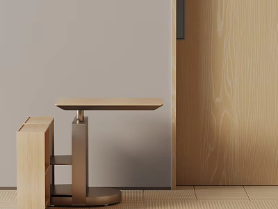 Minimalist Modern Side Table With Light Wood Top And Metal Frame Next To Wooden Door 3d model