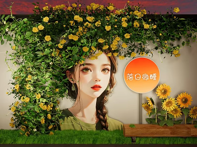 Art Installation With Female Figure Adorned By Green Vines And Yellow Sunflowers On Wall 3d model