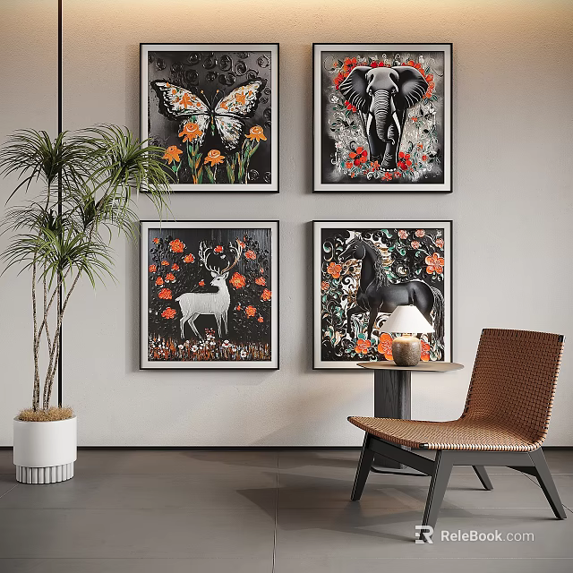 Colorful Abstract Paintings with Butterfly Elephant Deer Horse and Floral Motifs for Interior Wall Decor 3d model 