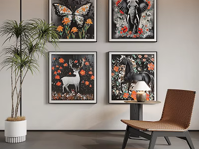 Colorful Abstract Paintings with Butterfly Elephant Deer Horse and Floral Motifs for Interior Wall Decor 3d model