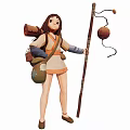 Traditional Outfit Game and Movie Female Character Carrying Scroll Pouch Holding Staff With Lantern