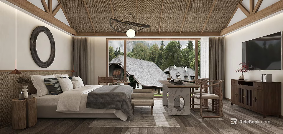 Rustic Hotel Guest Room Interior With Wooden Ceiling Large Window And Mountain View 3d model 