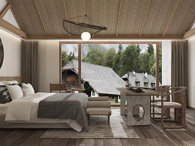 Rustic Hotel Guest Room Interior With Wooden Ceiling Large Window And Mountain View 3d model