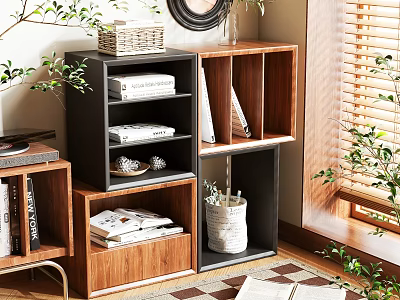 Modern Entryway Cabinet and Side Cabinet with Wooden Shelves Books Decorative Basket Natural Light 3d model