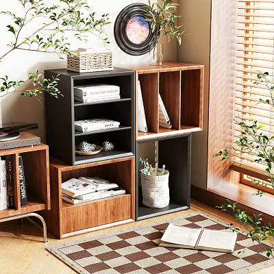 Modern Entryway Cabinet and Side Cabinet with Wooden Shelves Books Decorative Basket Natural Light 3d model