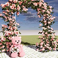 Floral Art Decoration Featuring Pink Roses Arch Green Vines And Teddy Bear On White Brick
