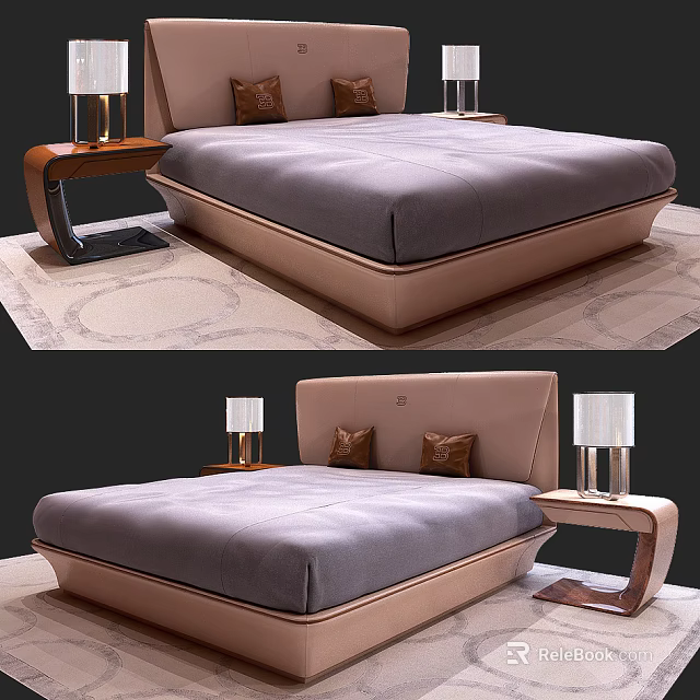 Modern Elegant Double Bed Interior With Upholstered Headboard Nightstands And Table Lamps 3d model 