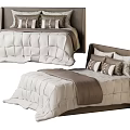 Beige Double Bed With Quilted Comforter Brown Headboard And Decorative Pillows 3d model