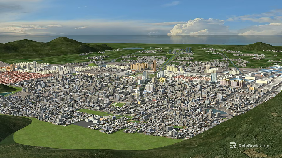 Aerial Urban Planning View With City Layout Numerous Buildings Green Spaces Mountain And Sea 3d model 
